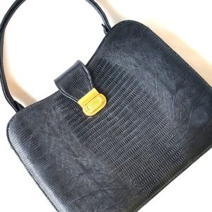 Vintage Genuine Lizard Lined Black Bag/Gold Trim